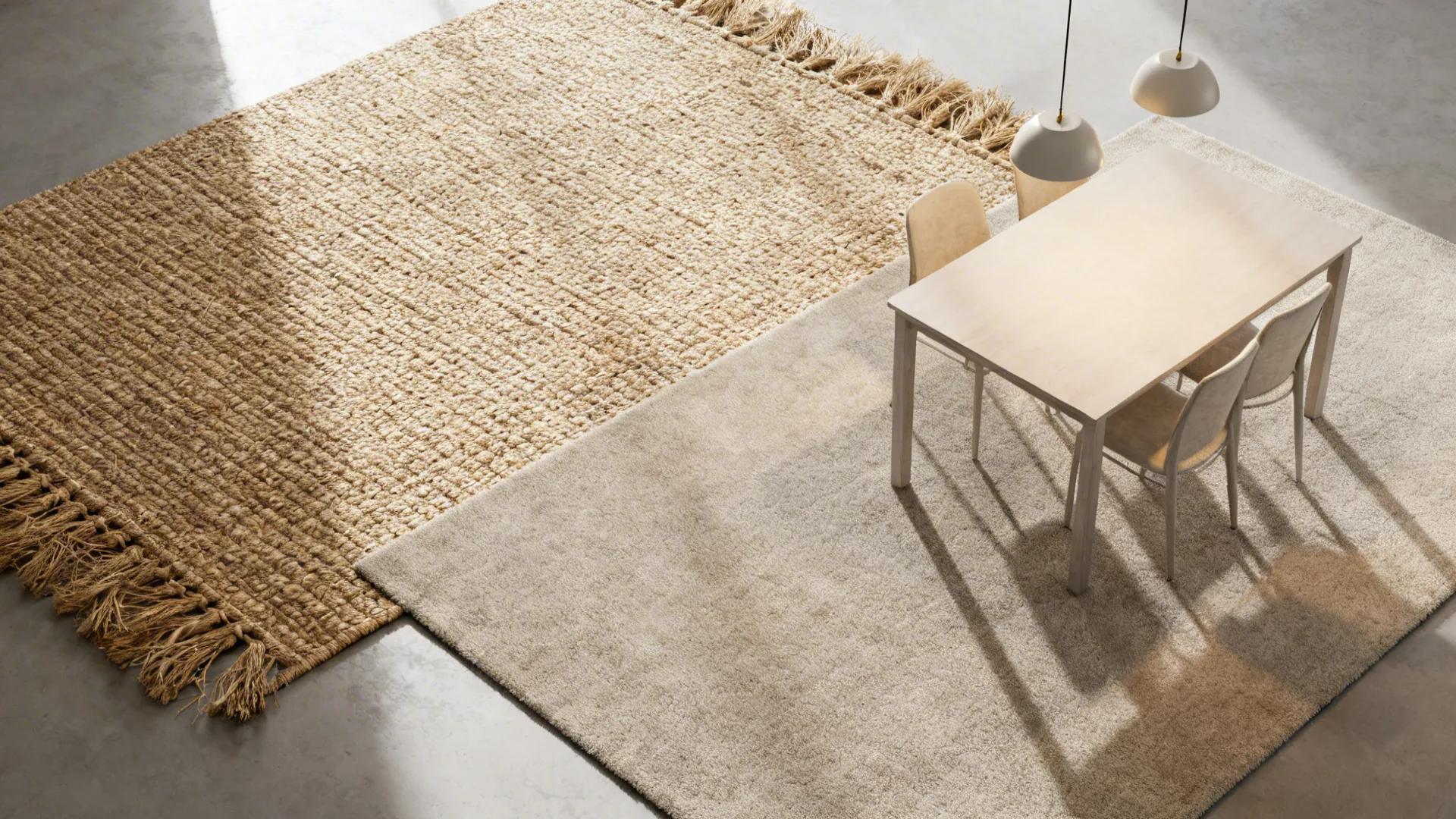 Two textured rugs and pendant lights defining dining and living zones in a small open-plan room