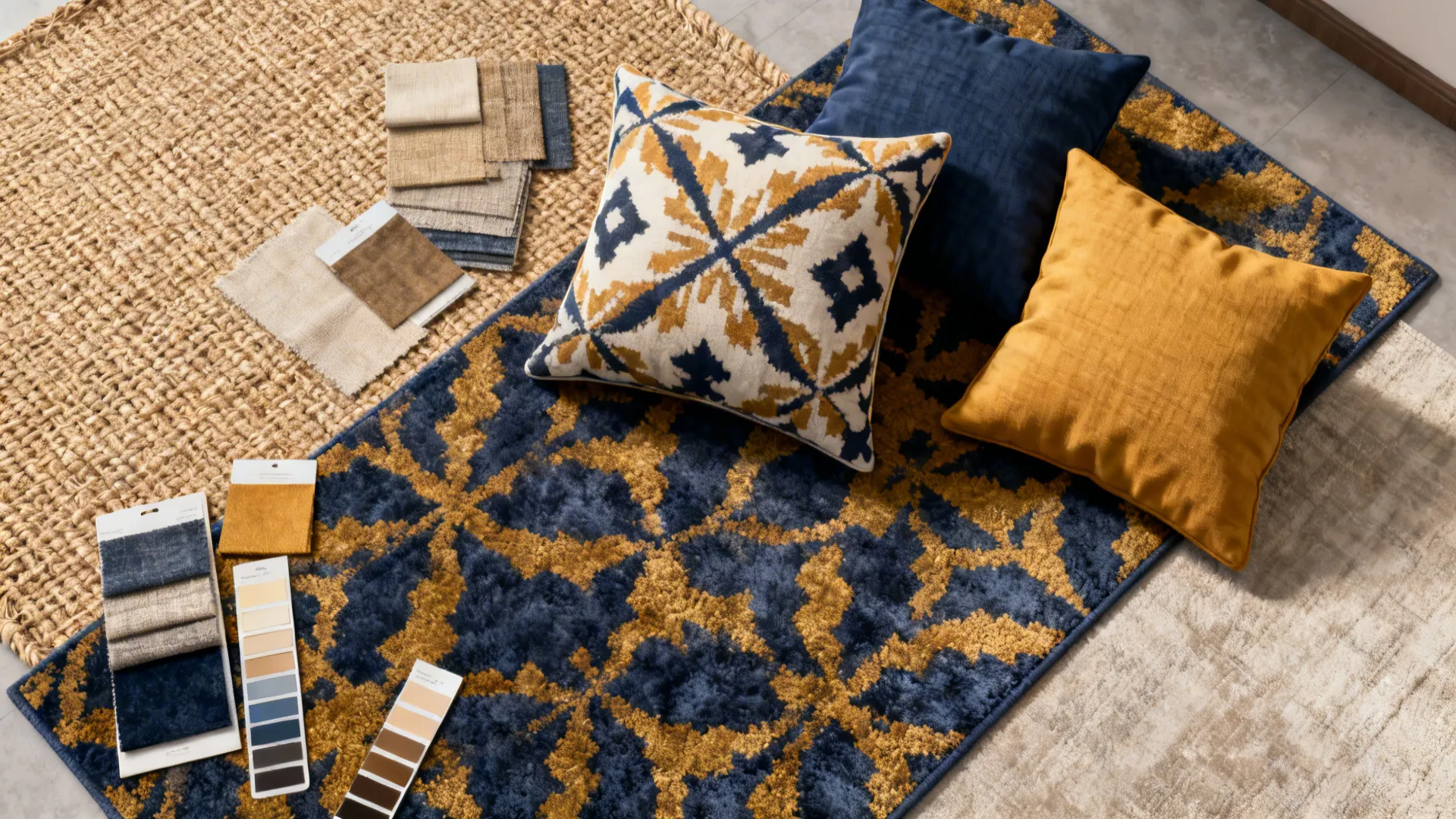 Top-down flatlay of layered rugs, patterned pillow and navy and ochre fabric samples
