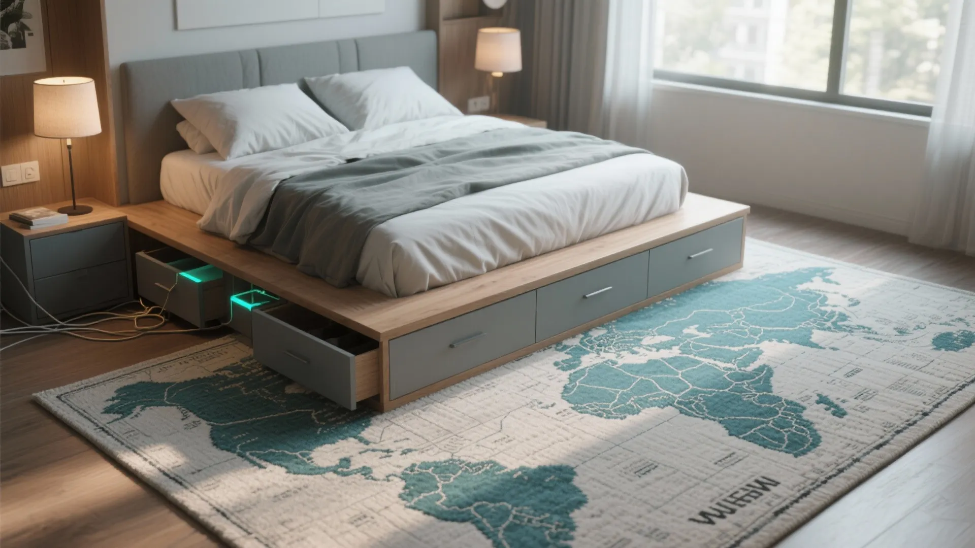 Modern bedroom with wooden storage bed, world map area rug, large window, and bedside lamps
