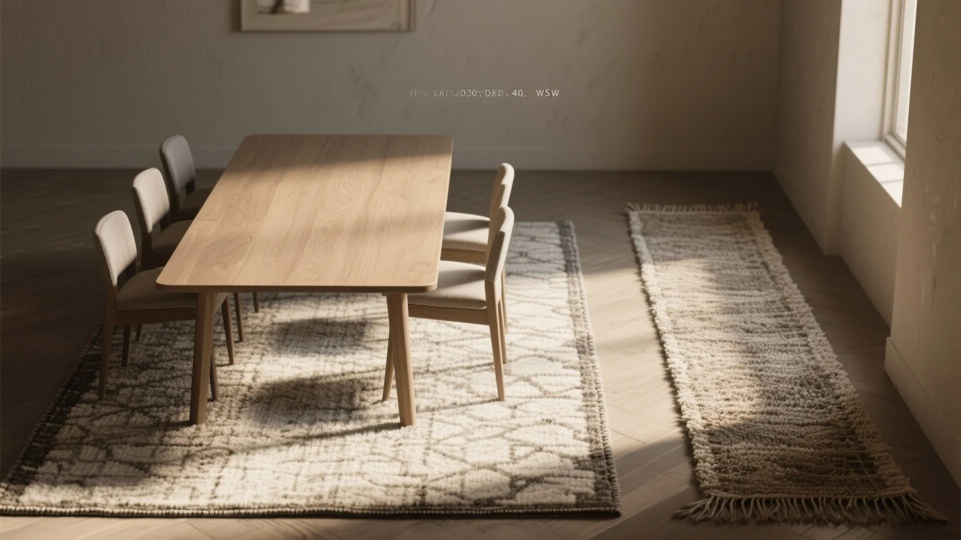 Wooden dining table with chairs placed on a large rug next to a long runner