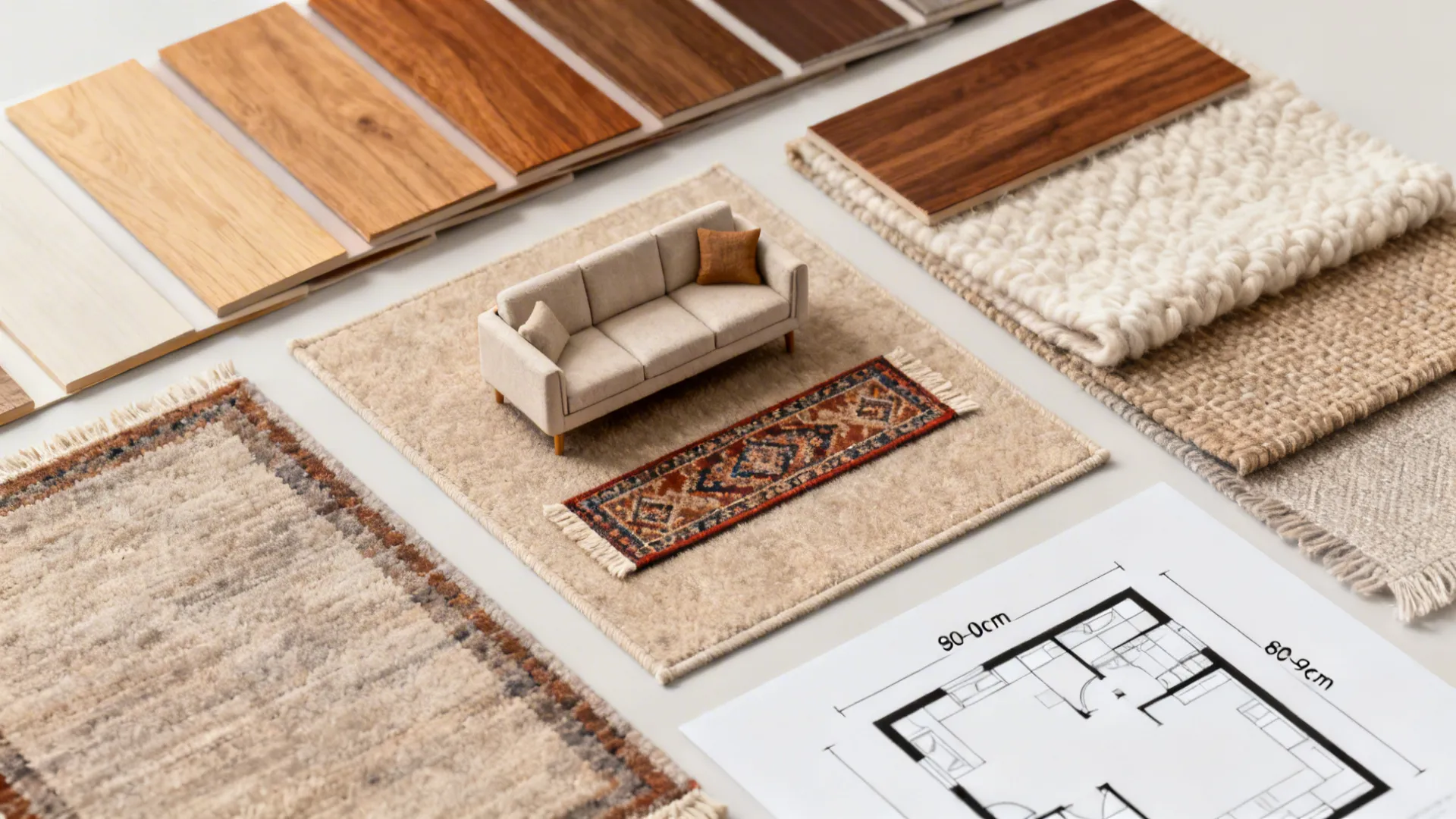 Flatlay of rug samples, furniture scale references, textile swatches and a floorplan mockup indicating circulation widths.