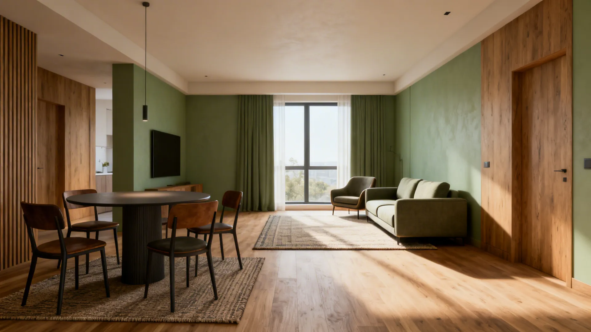 Two rugs define living and dining zones with a round table and sofa oriented toward a focal window.