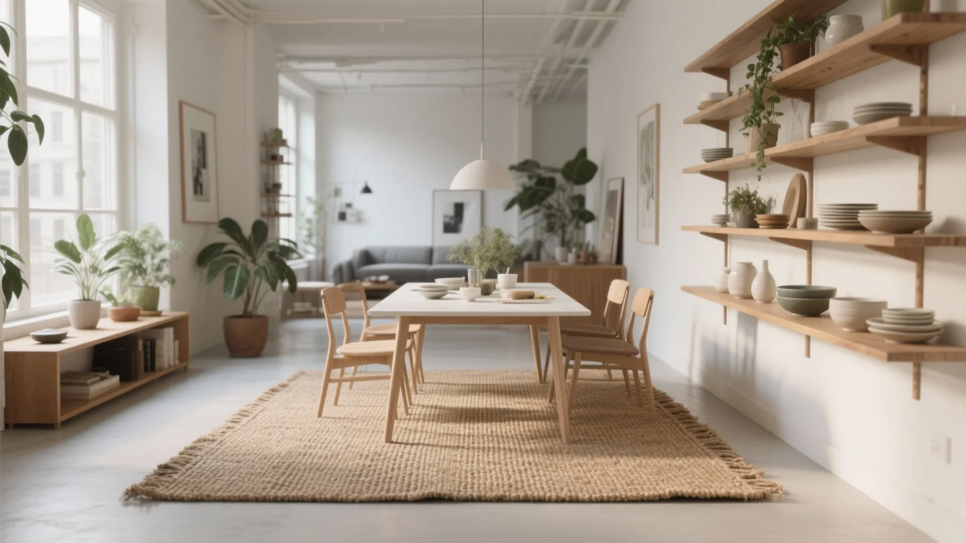 5. Create zones with rugs and open shelving