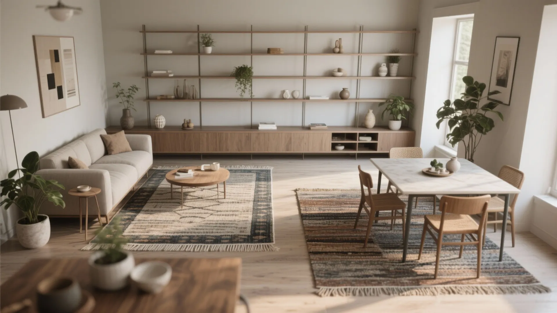 3. Use rugs and open shelving to visualize the flow