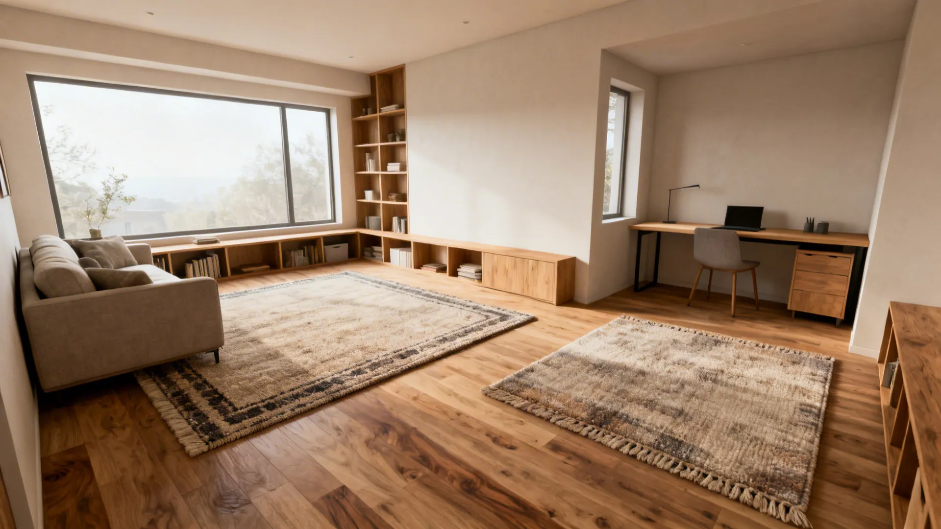 3. Zone with rugs and low-profile shelving