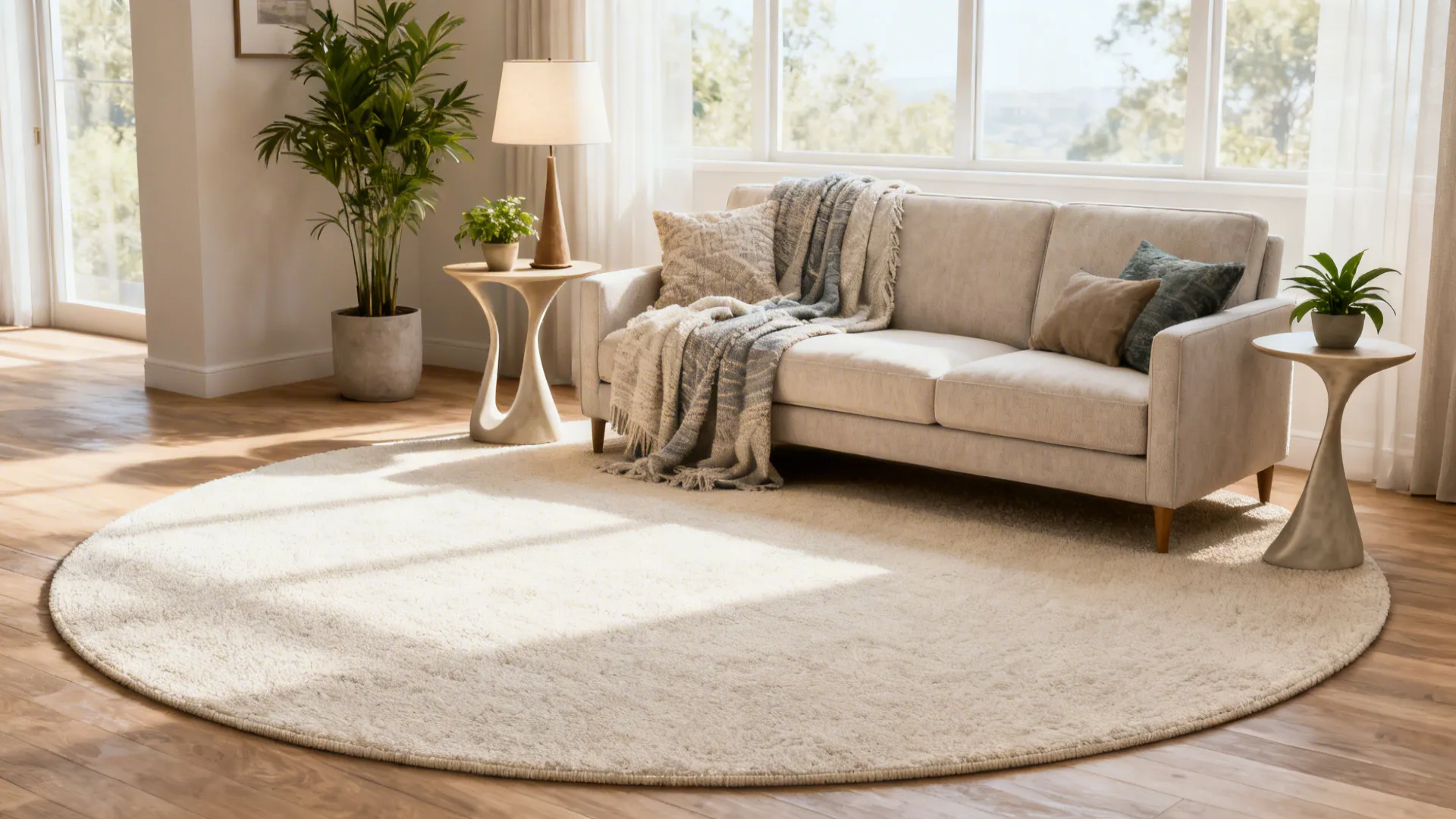 Living room featuring beige sofa large round rug side tables with plants and natural light