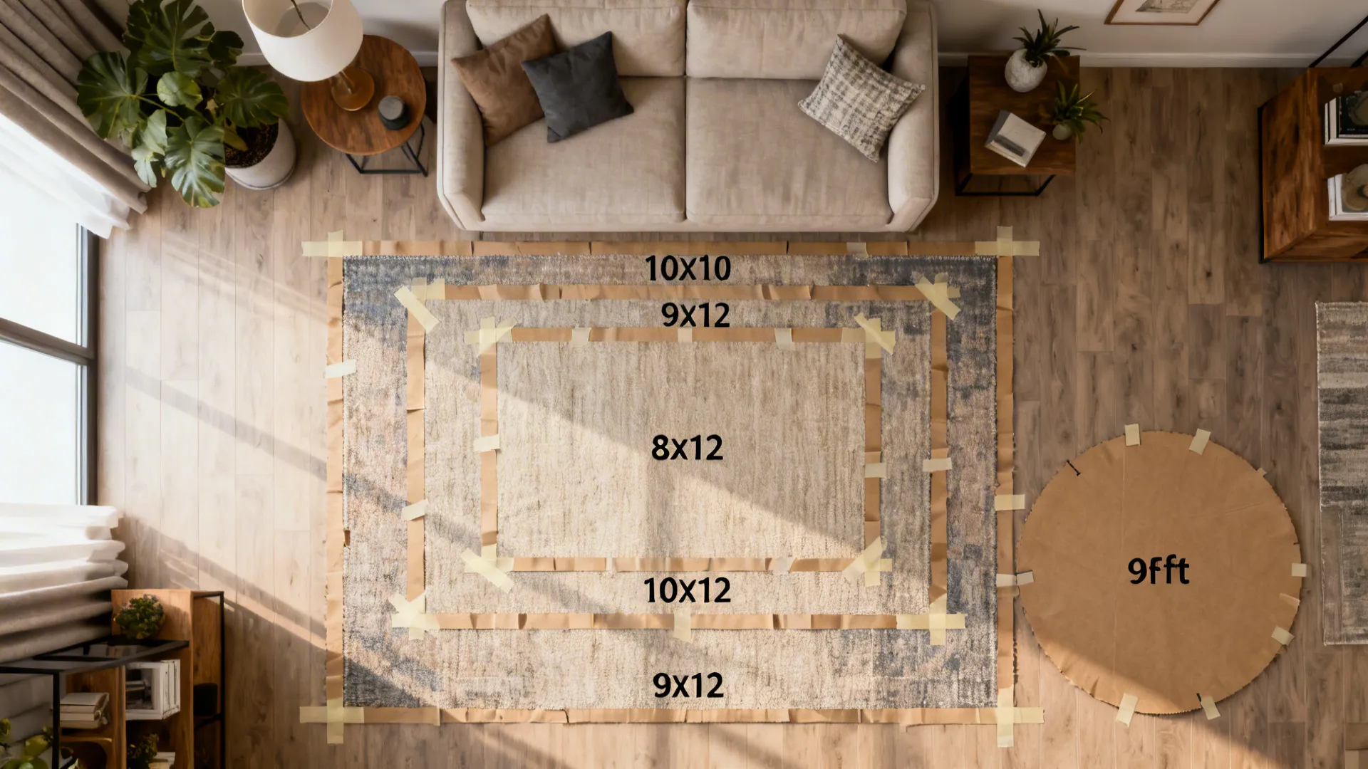 Top-down mockup of a 10x12 room with overlays showing different rug sizes and kraft paper mockups.