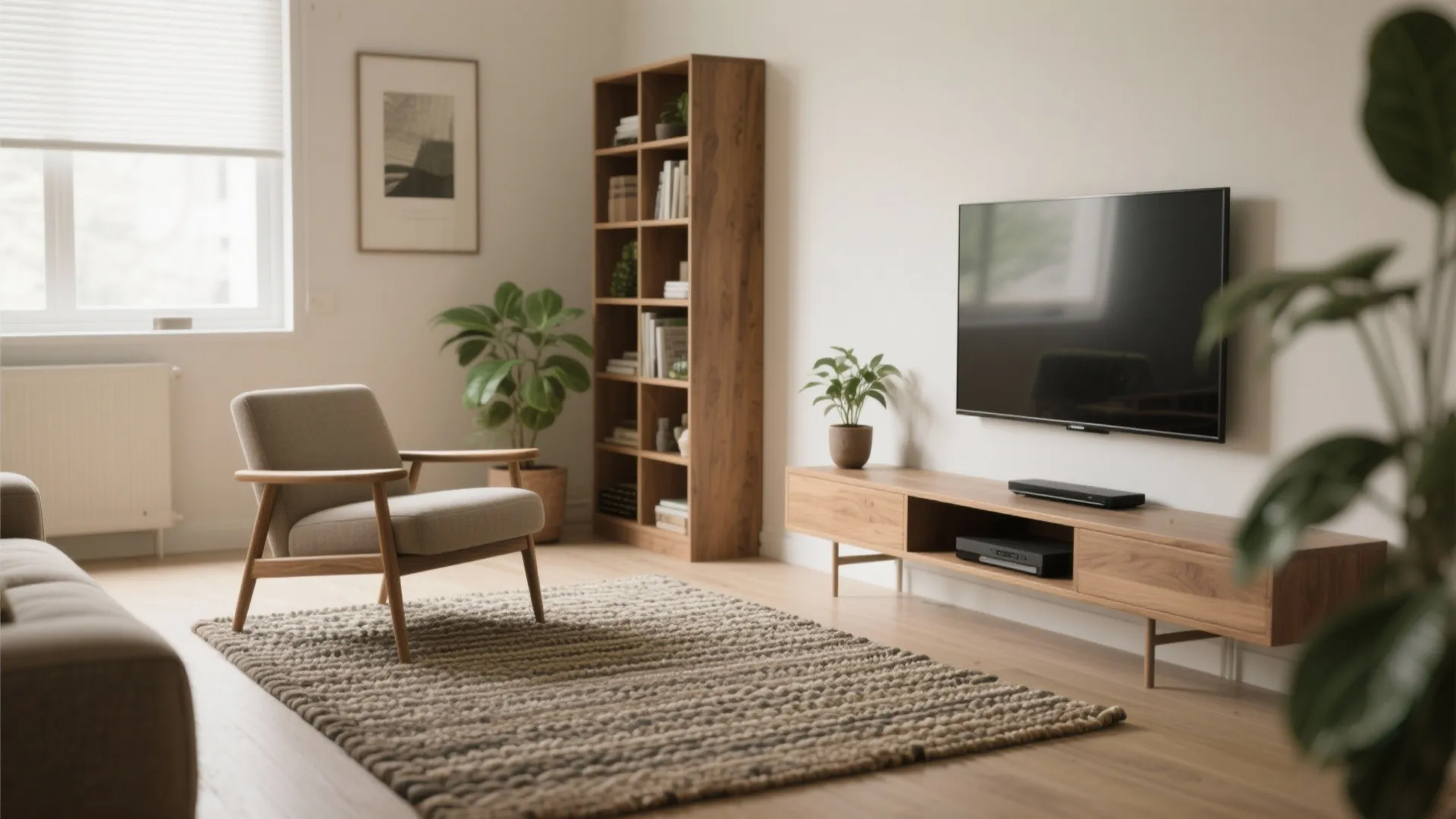 Modern living room featuring textured rug grey chair wooden cabinet television white walls and green plants