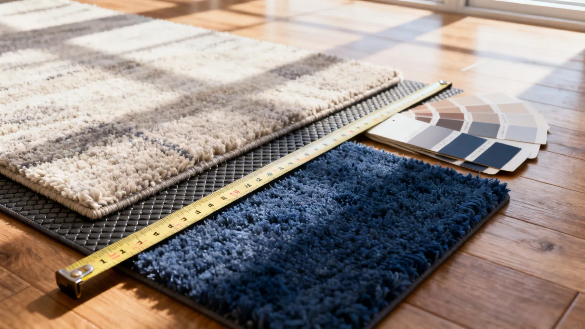 Rug swatches, measuring tape and non-slip pad samples on wood floor under natural light