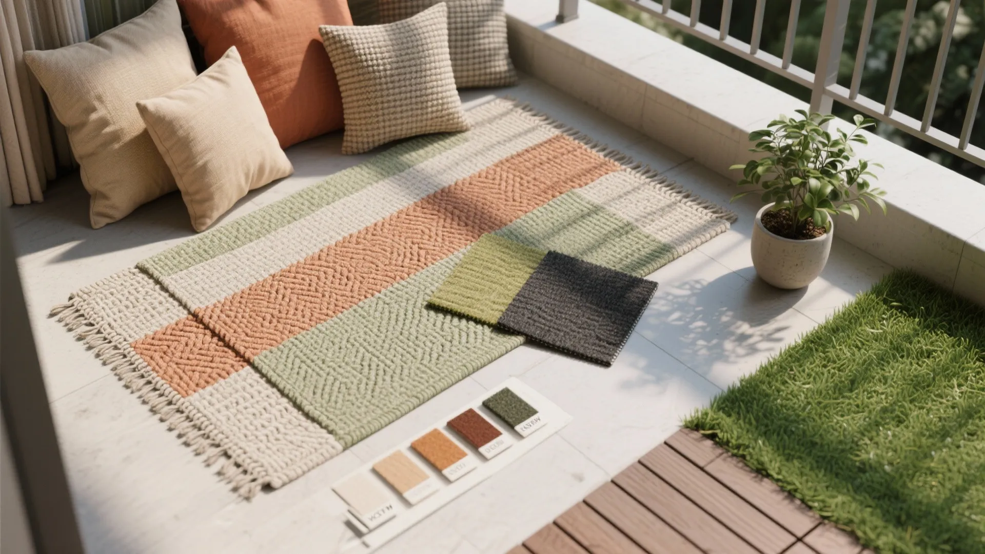 Outdoor balcony floor with patterned rug, colorful cushions, fabric samples, and small potted green plant
