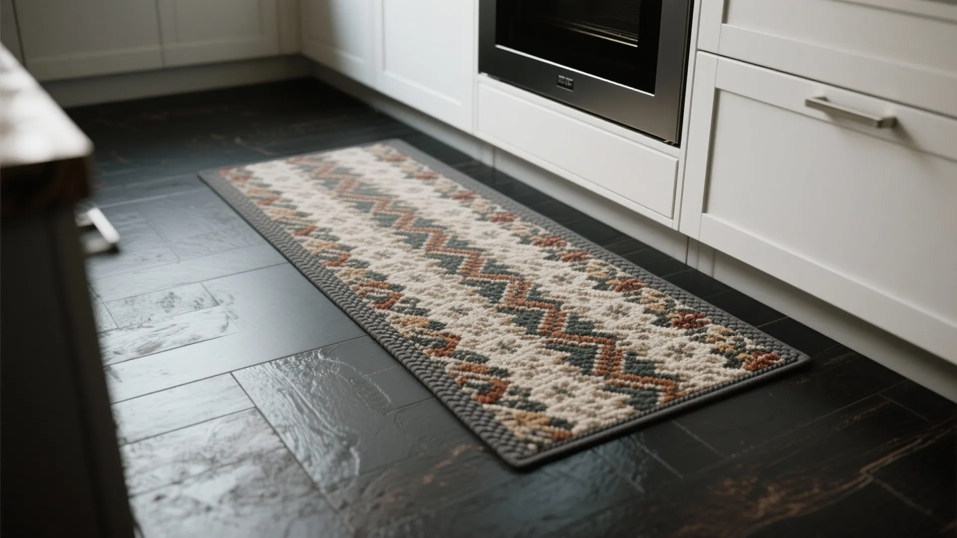 Modern kitchen with black tile floor featuring a long patterned rug near white wooden cabinets