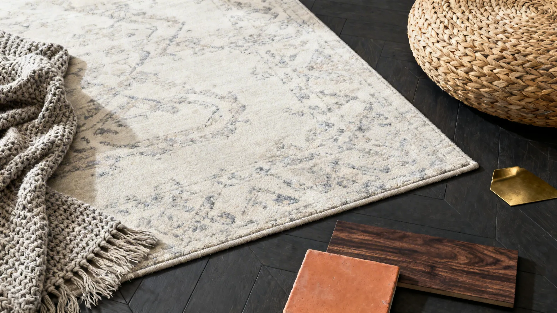 Top-down flatlay of rug swatch, woven basket, throw fabric, and dark wood sample.