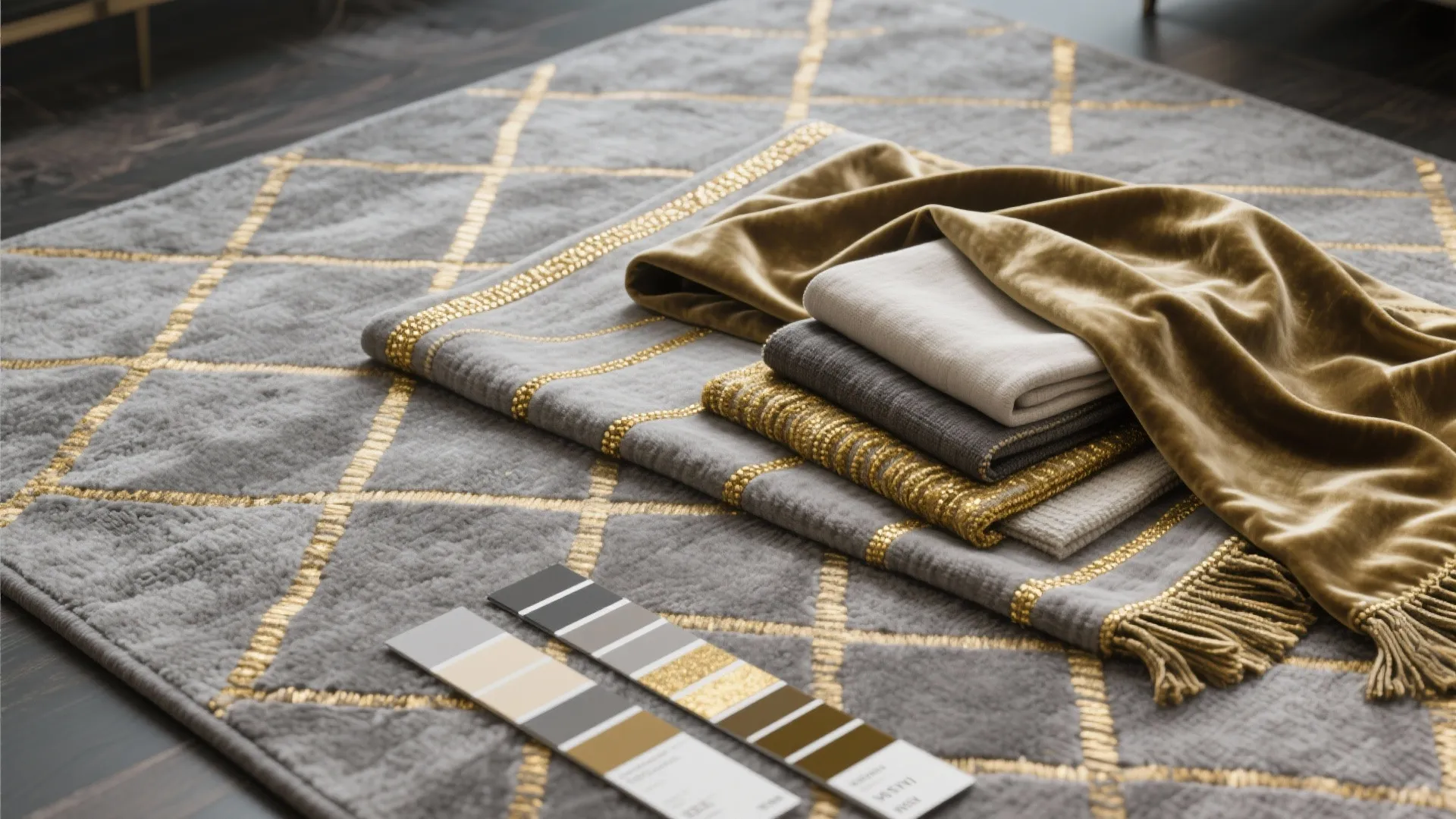 Top-down view of layered gray rugs and gold-accented throw with fabric swatches