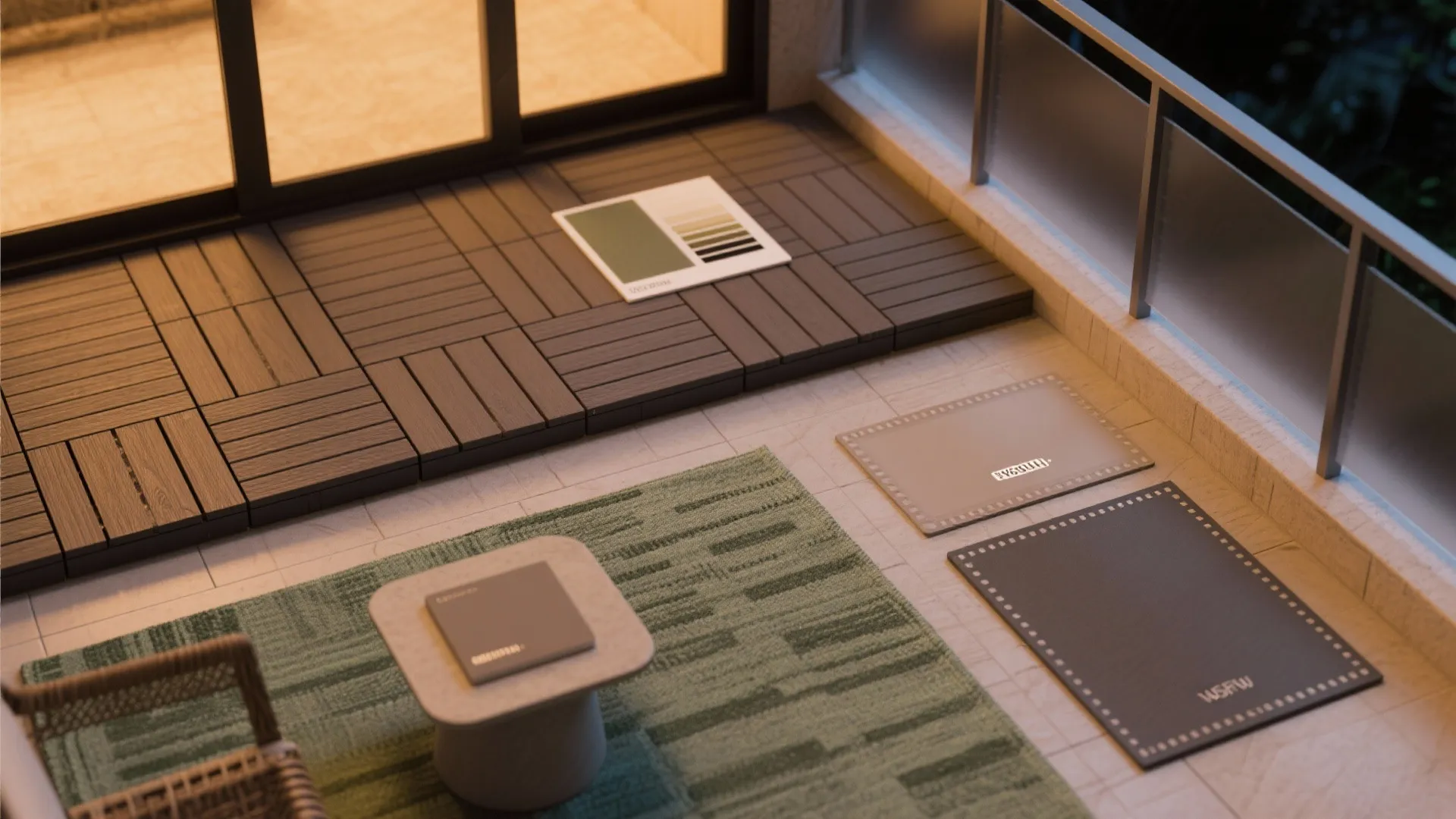 Balcony design view showing interlocking wooden floor tiles green rug and stone coffee table with samples