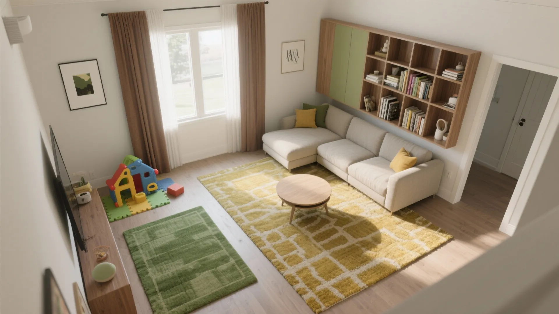 Top-down view shows two rugs zoning a small living room with clear pathways and cohesive colors.