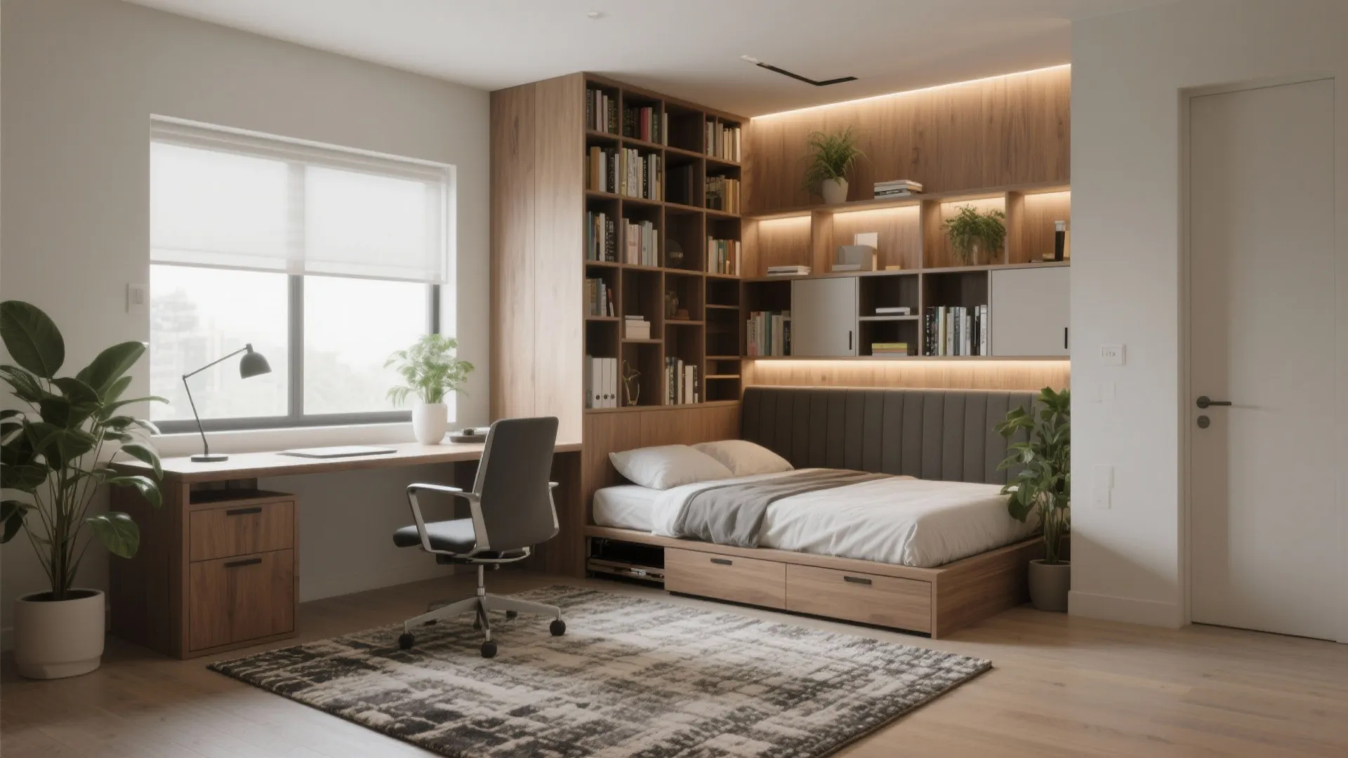 Rug-defined workspace with tall anchored shelving behind a desk doubling as a headboard.