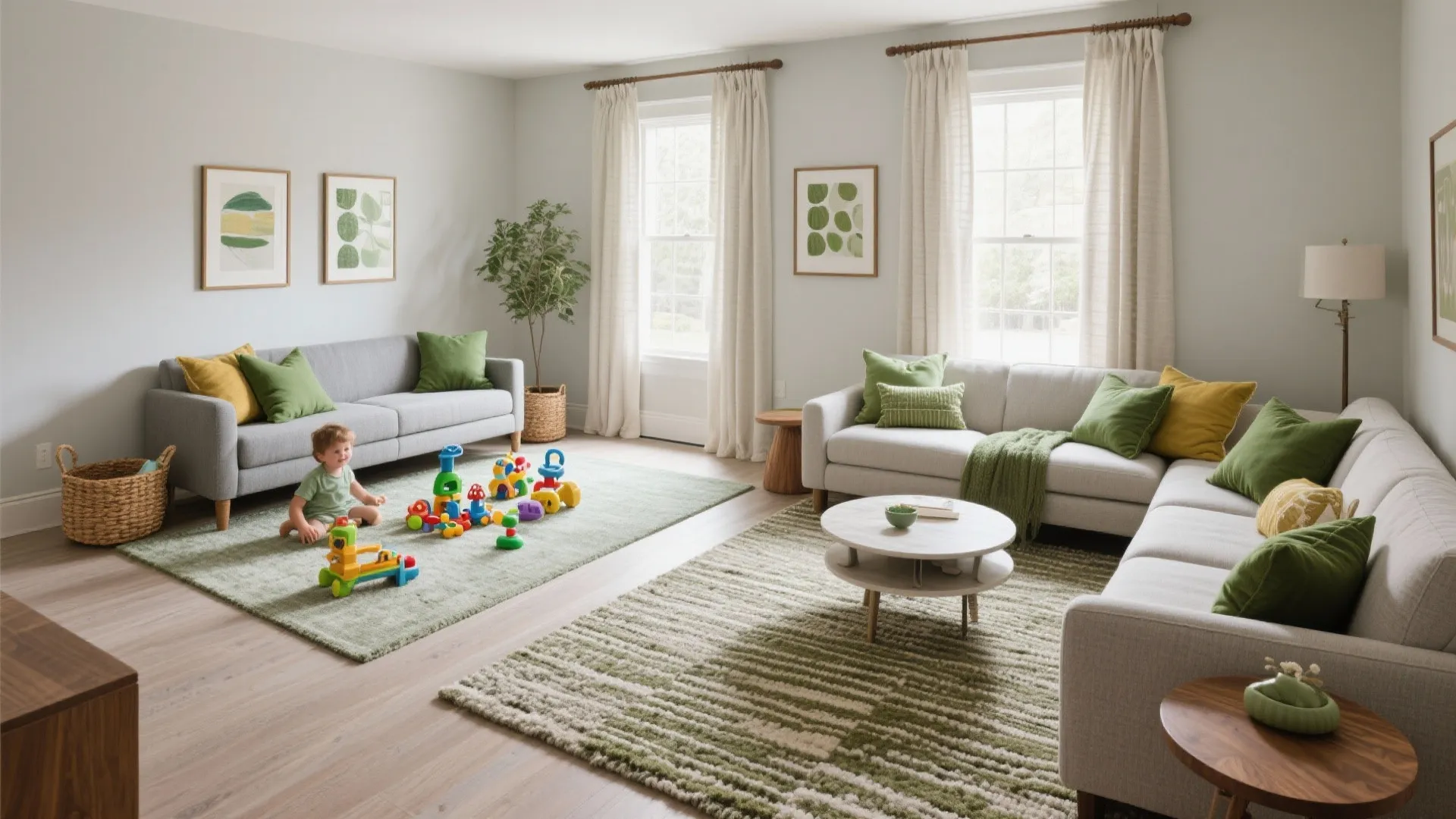 Two rugs define kid and lounge zones with moss green accents tying the small living room together.