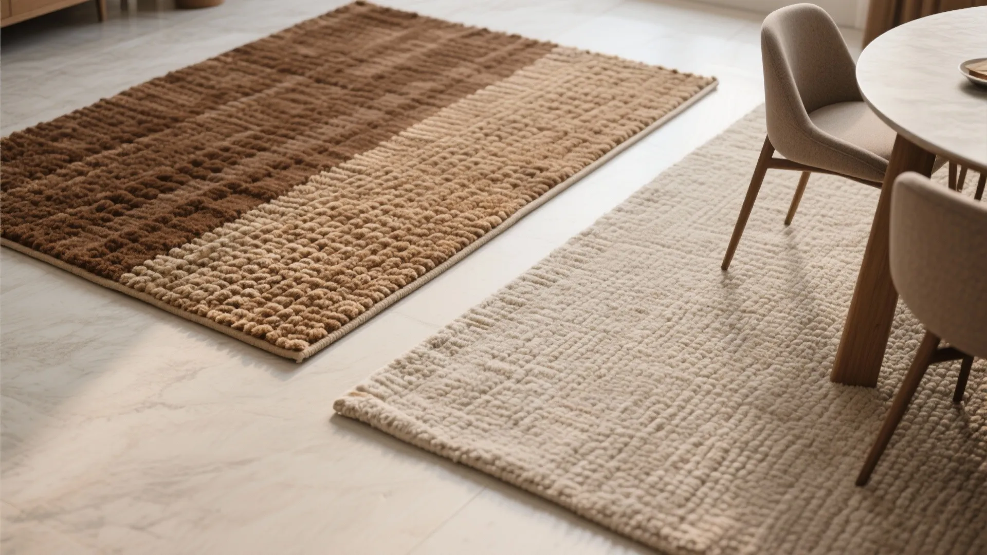 Two textured area rugs in brown and beige colors placed on a bright marble floor