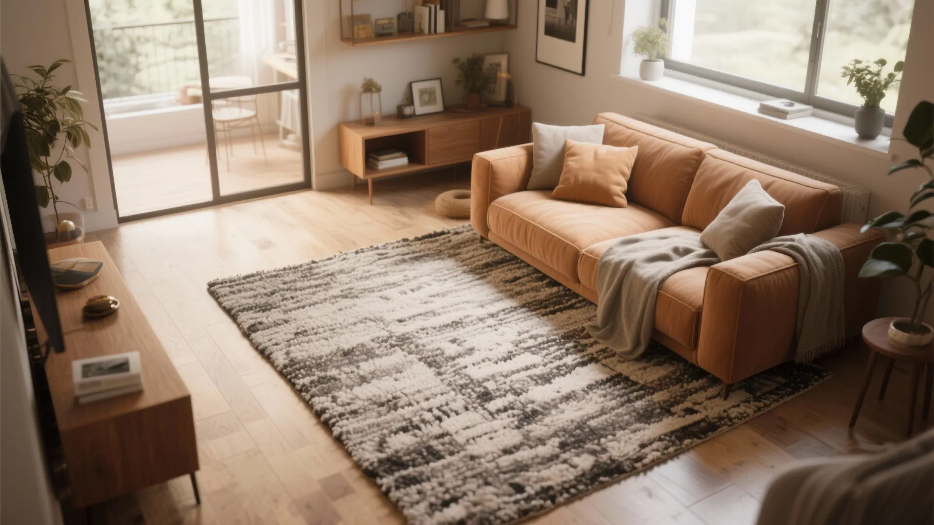Warm living room interior showing a textured grey rug placed under an orange fabric sofa