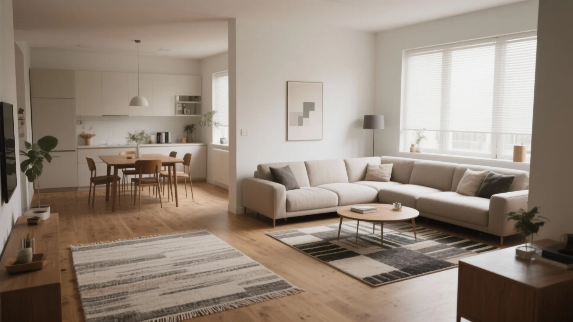 Living and dining areas defined by different rugs in one open space