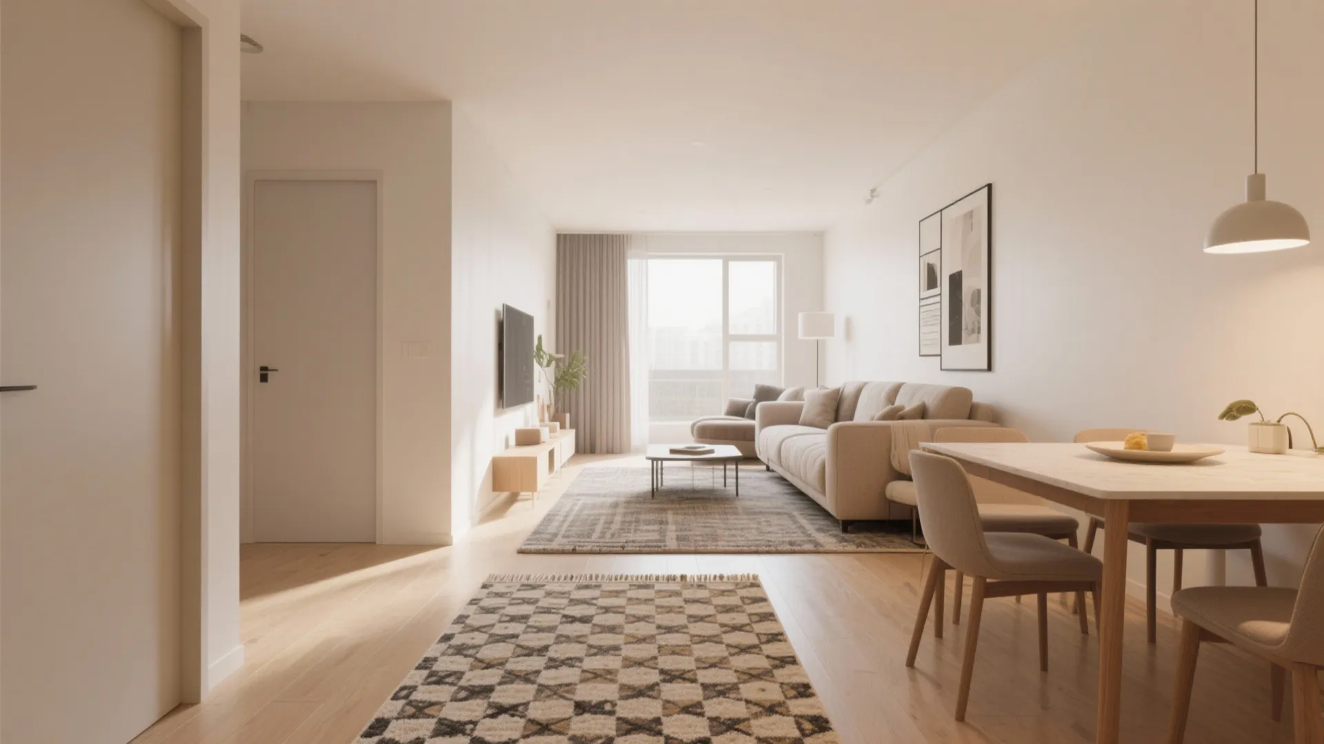 Living room with two rugs on wood floors near a beige sofa and dining furniture
