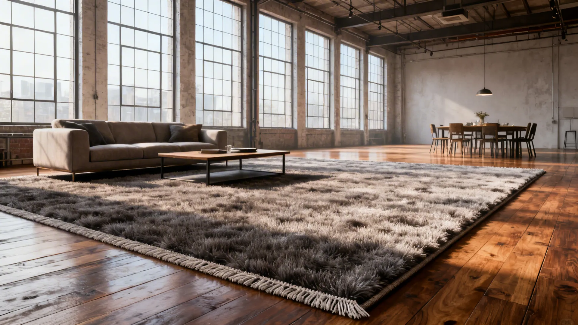 Open loft with a large plush rug defining the seating zone separate from the dining area.