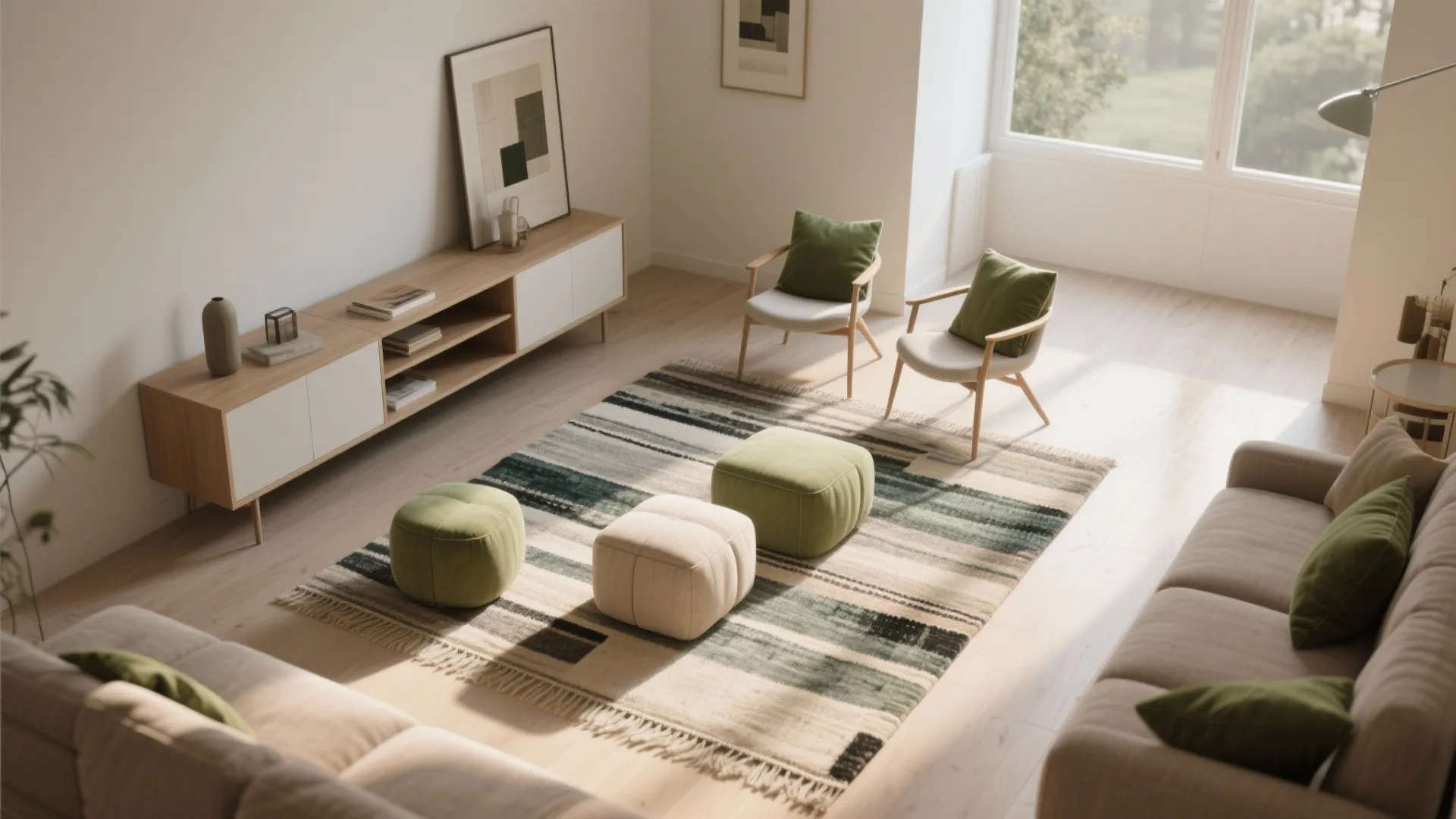 Living room layout with striped rug green footrests wooden cabinet two chairs and large bright windows