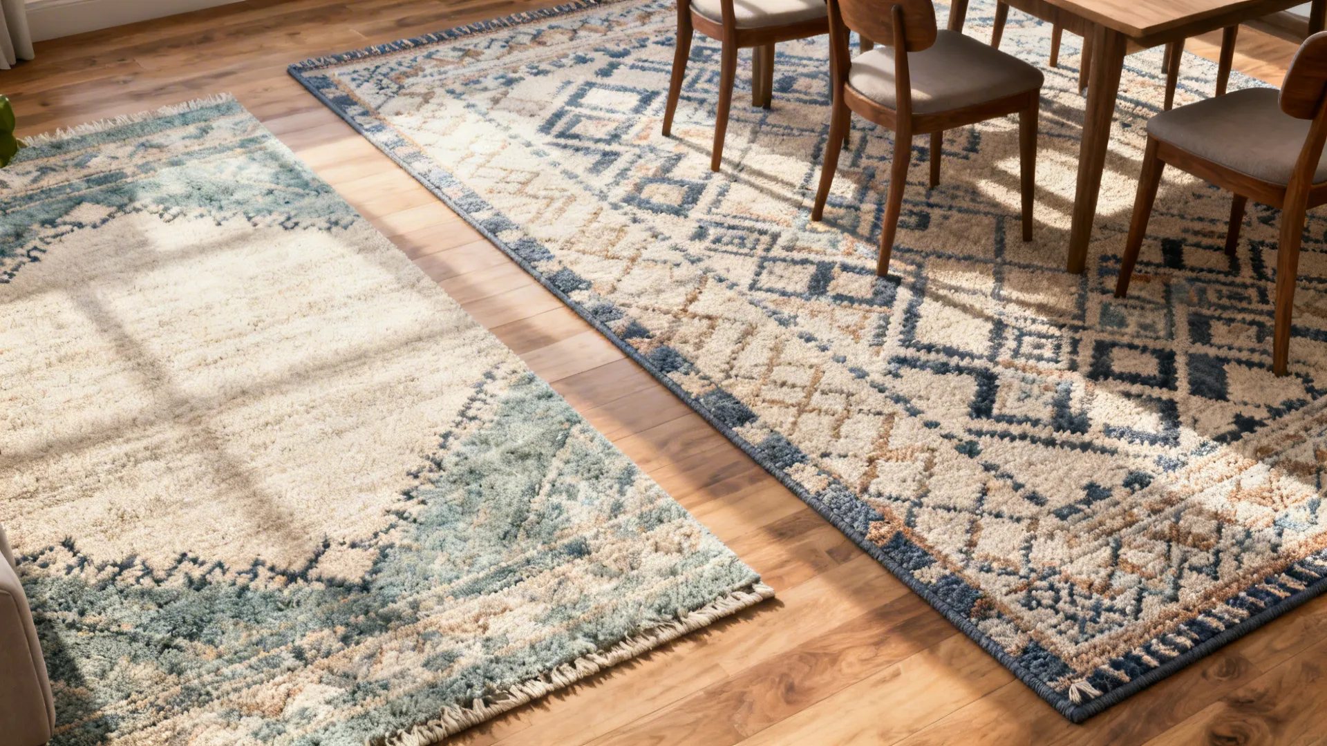 Two patterned area rugs placed on wood flooring under a wooden dining table and chairs