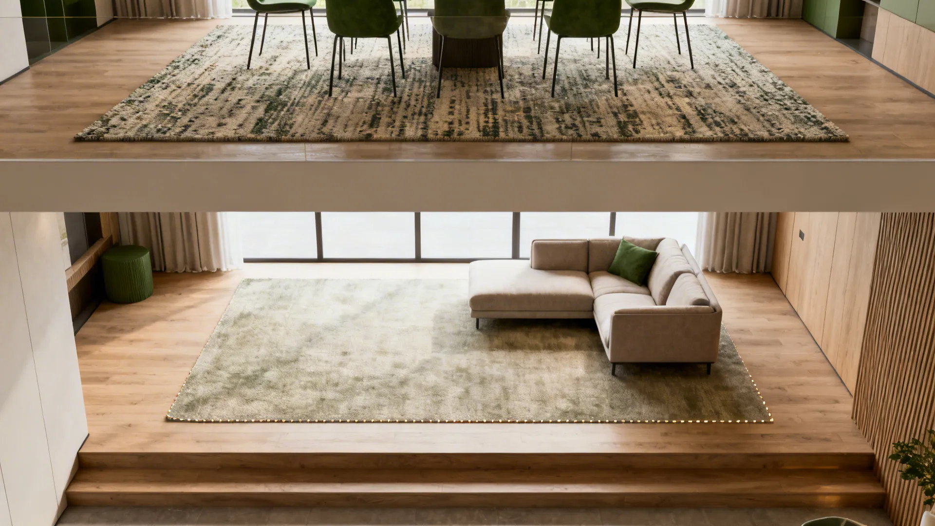Two-level living room with rugs anchoring each zone and low-profile furniture preserving sightlines.