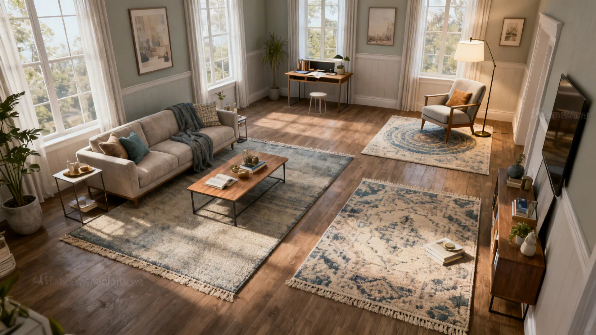 Living room with three distinct zones created by different rugs: seating, reading nook, and console area.