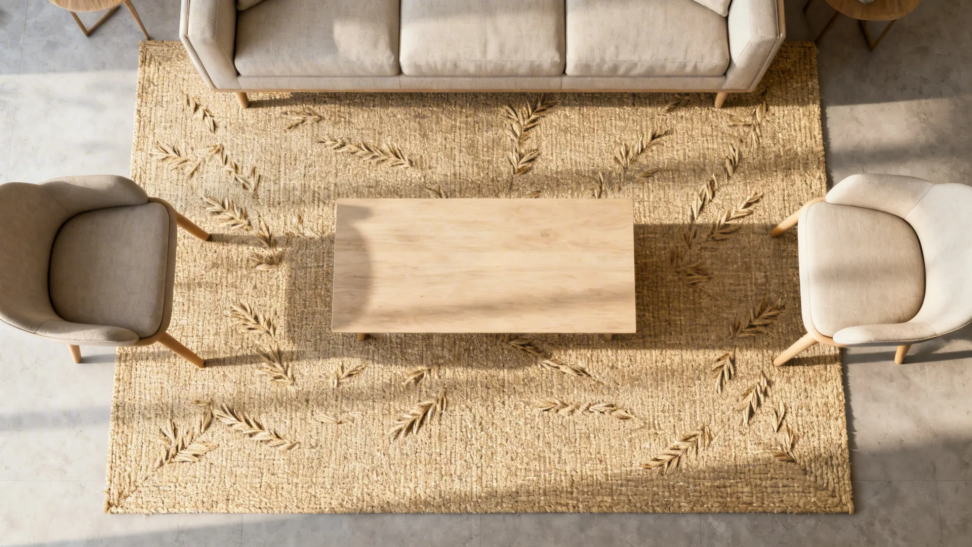 Top-down view of a living room layout showing a jute rug grounding the seating area and defining zones.