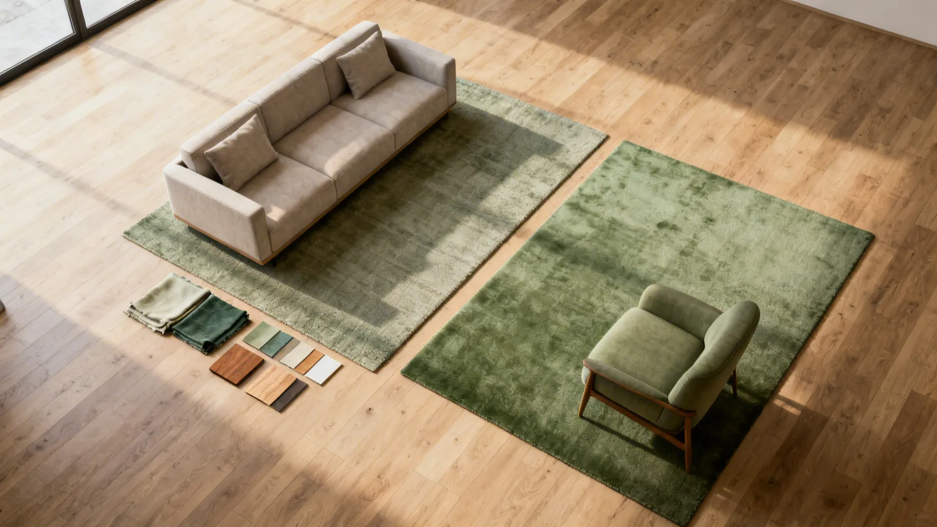 Top-down view of two rugs separating TV lounge and reading nook with low seating.