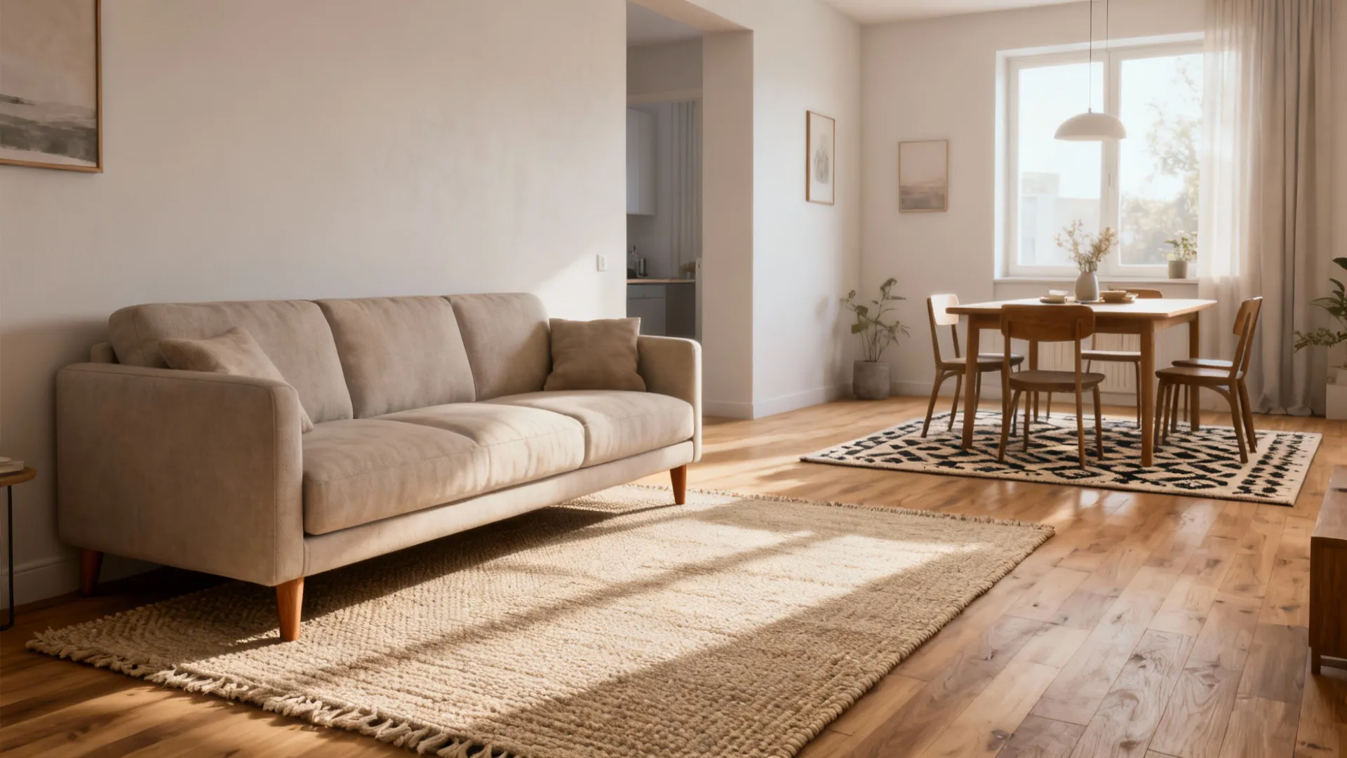 Open plan living room using rugs to define areas between the sofa and dining table setup