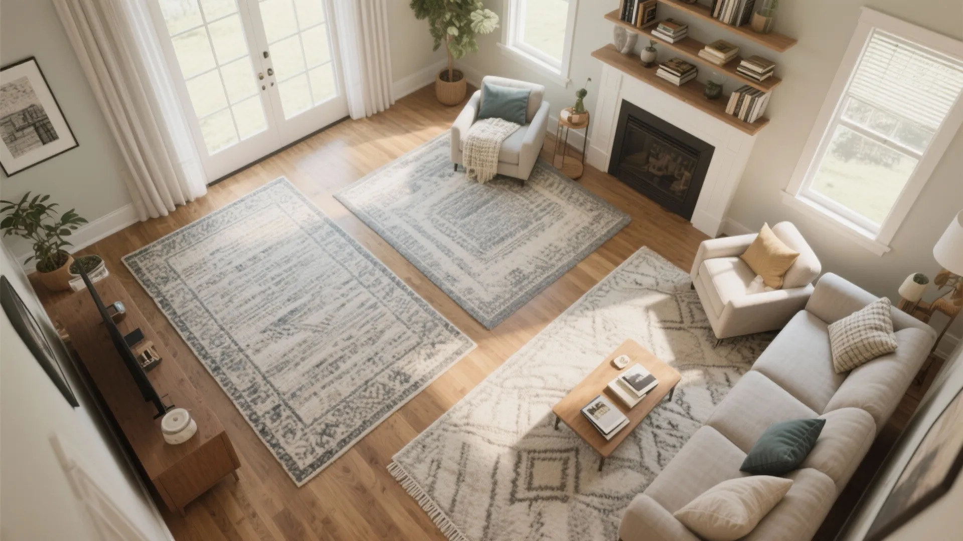 Modern living room with three different area rugs placed on wooden floor to define spaces