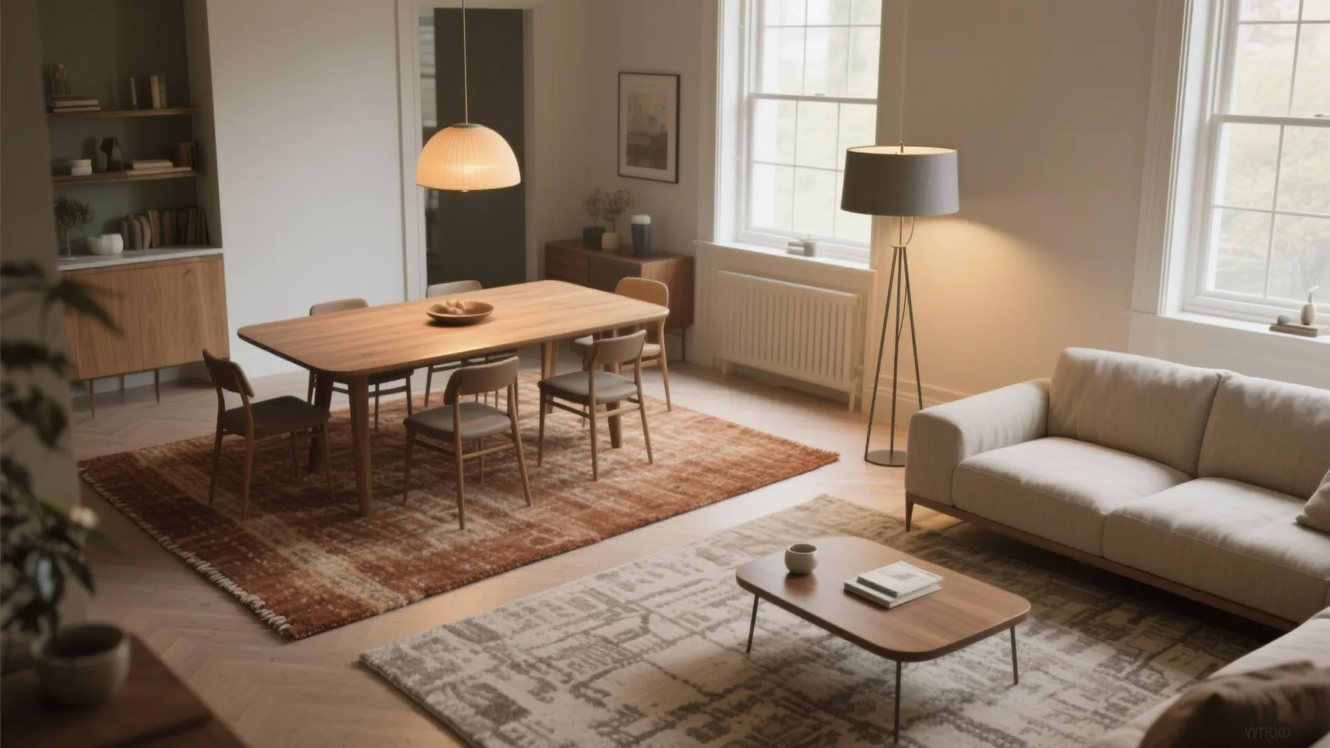 1. Zone with Rugs and Layered Lighting