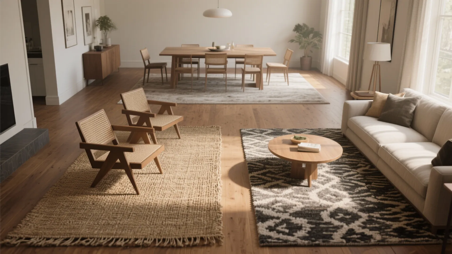 Large open plan room layout with different rugs for the living and dining furniture zones