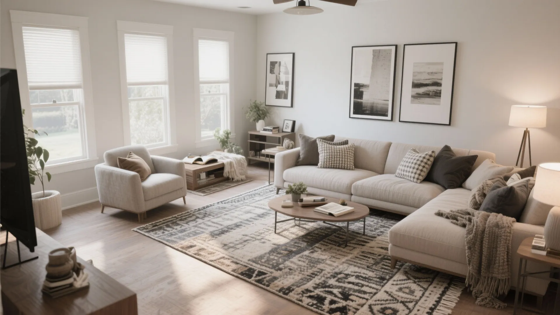 Bright living room with patterned rug beige sofa arm chair wall art and floor light fixture