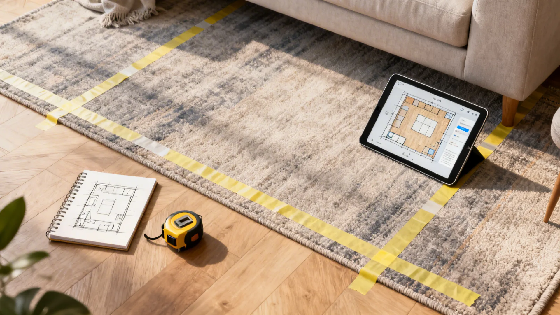 Top-down mockup of painter's tape marking rug dimensions with measuring tools and a digital planner.