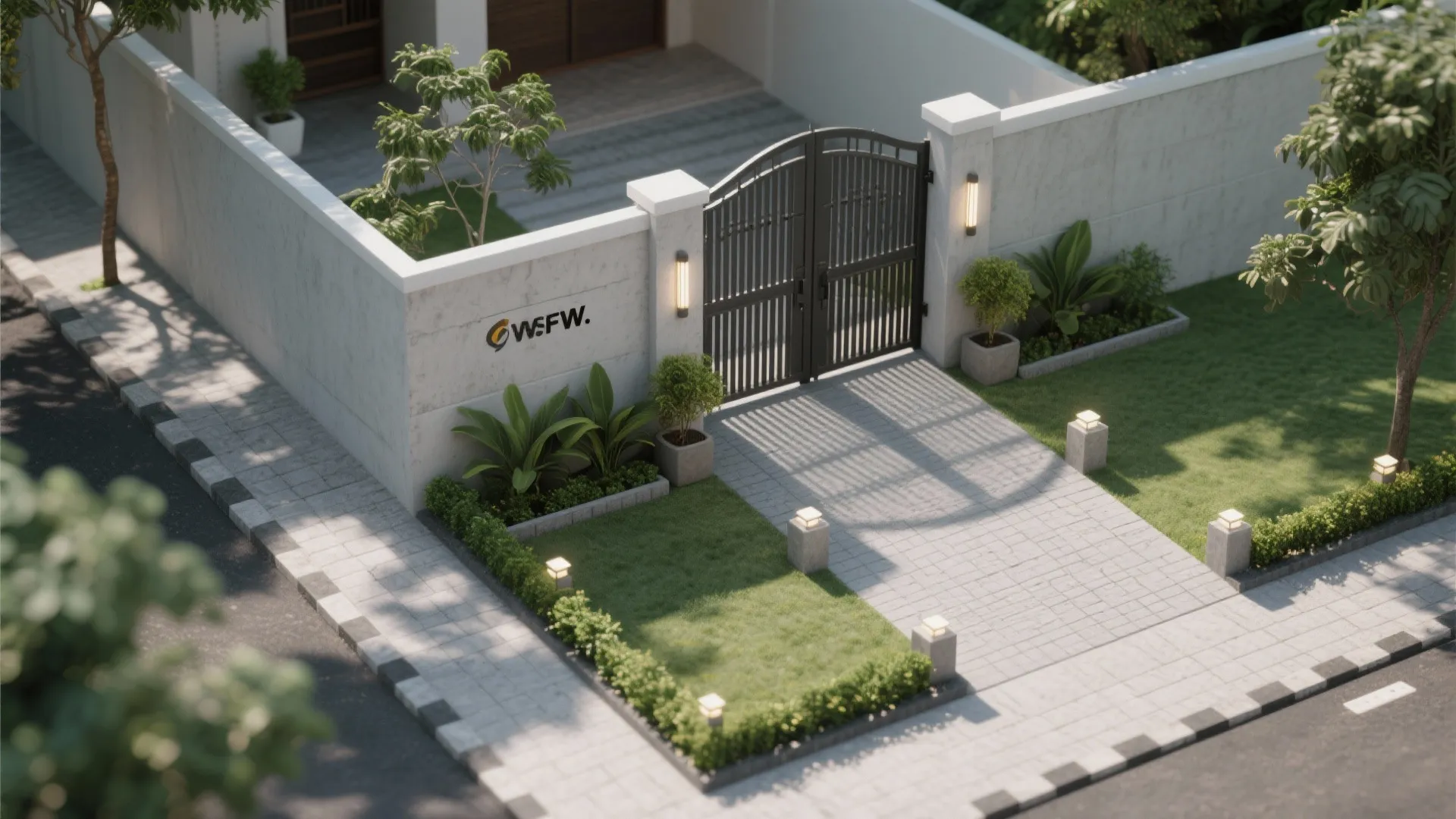 Modern outdoor garden entrance with black metal gate white wall small green plants and lights