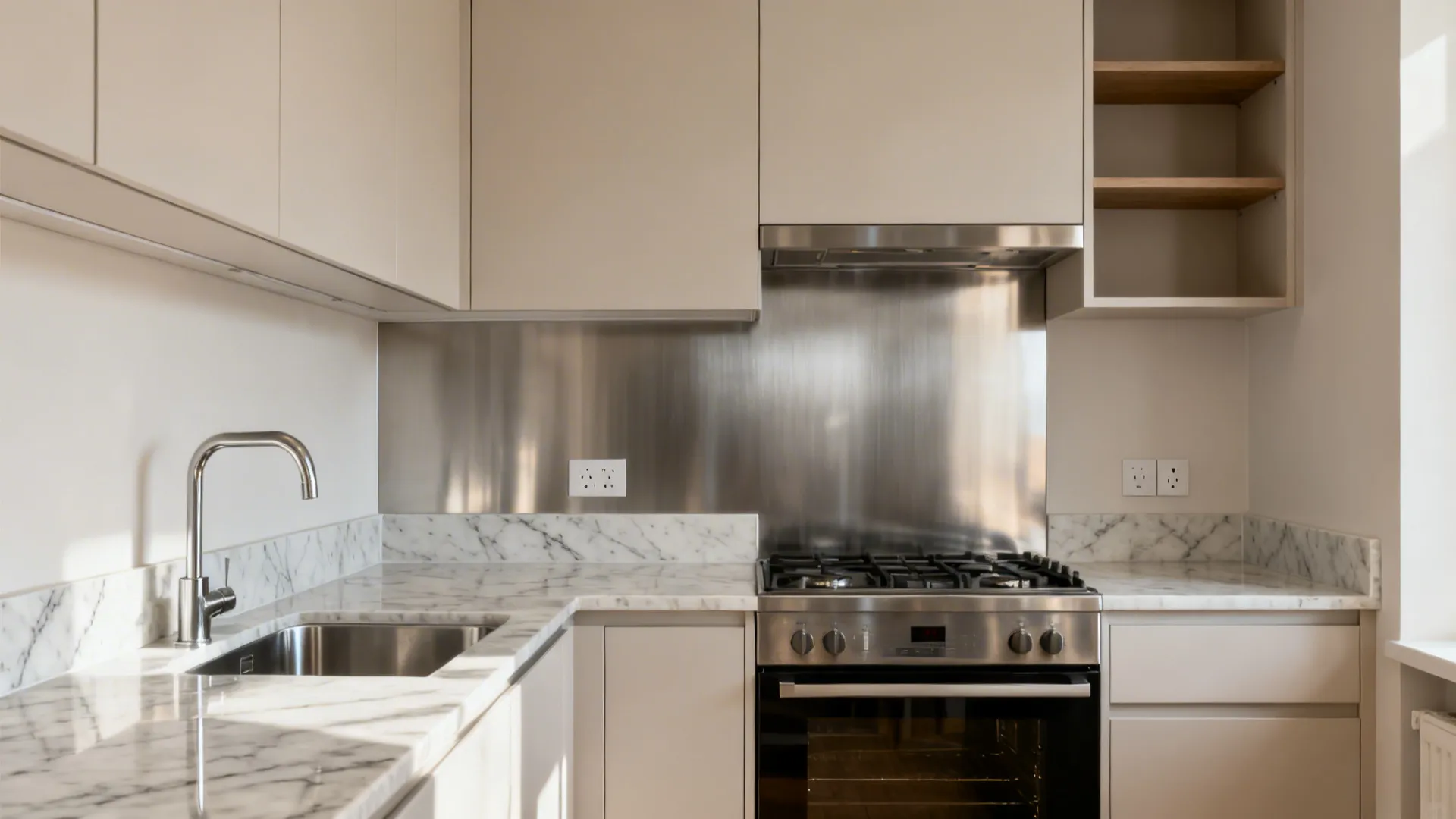 Quartz run-up by the sink and full-height brushed stainless backsplash behind the range.