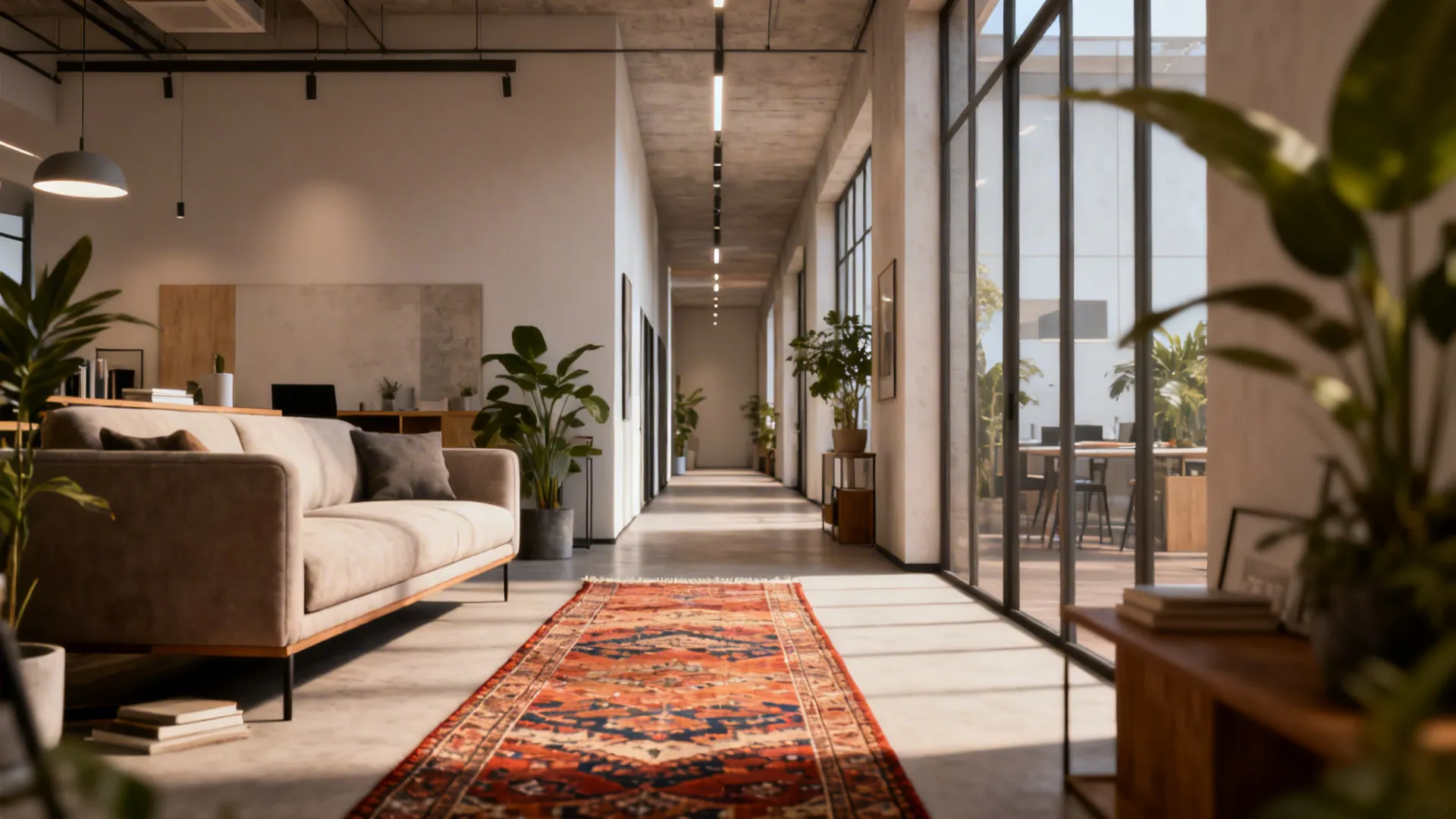 Open-plan studio with a long runner guiding circulation and linking the sofa to the corridor.