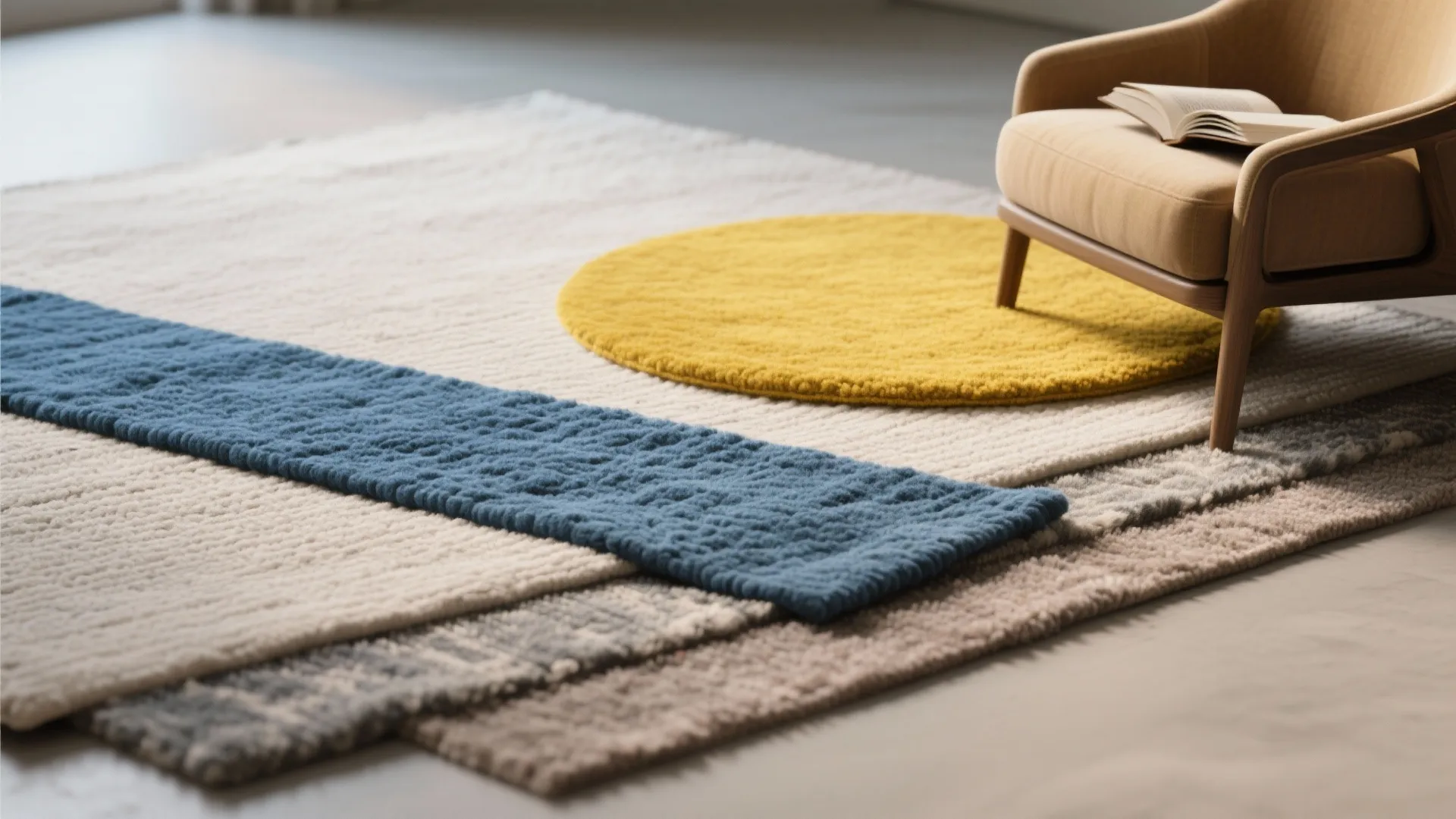 Close up of layered rugs in neutral tones with a yellow circle and blue stripe