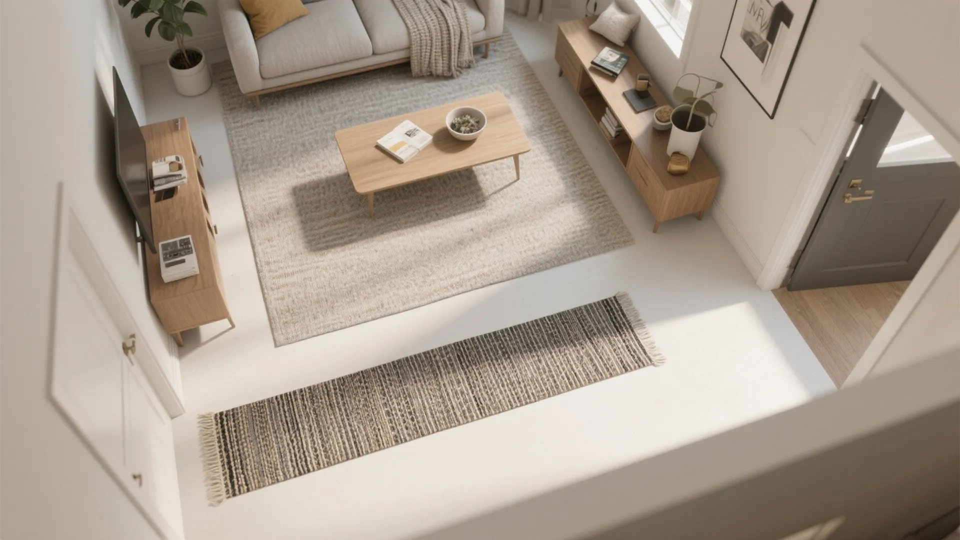 Top-down layout showing a runner aligned to traffic and a centered accent rug under the coffee table.