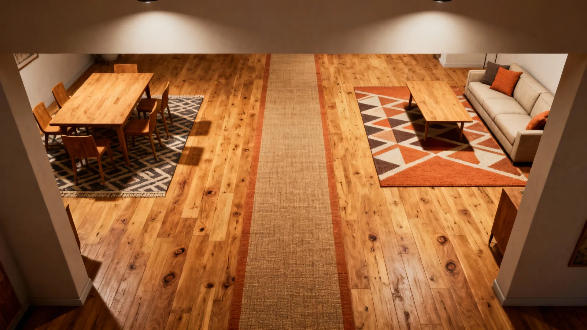 Top-down view of a narrow room with a runner and accent rugs creating a rhythmic layout.