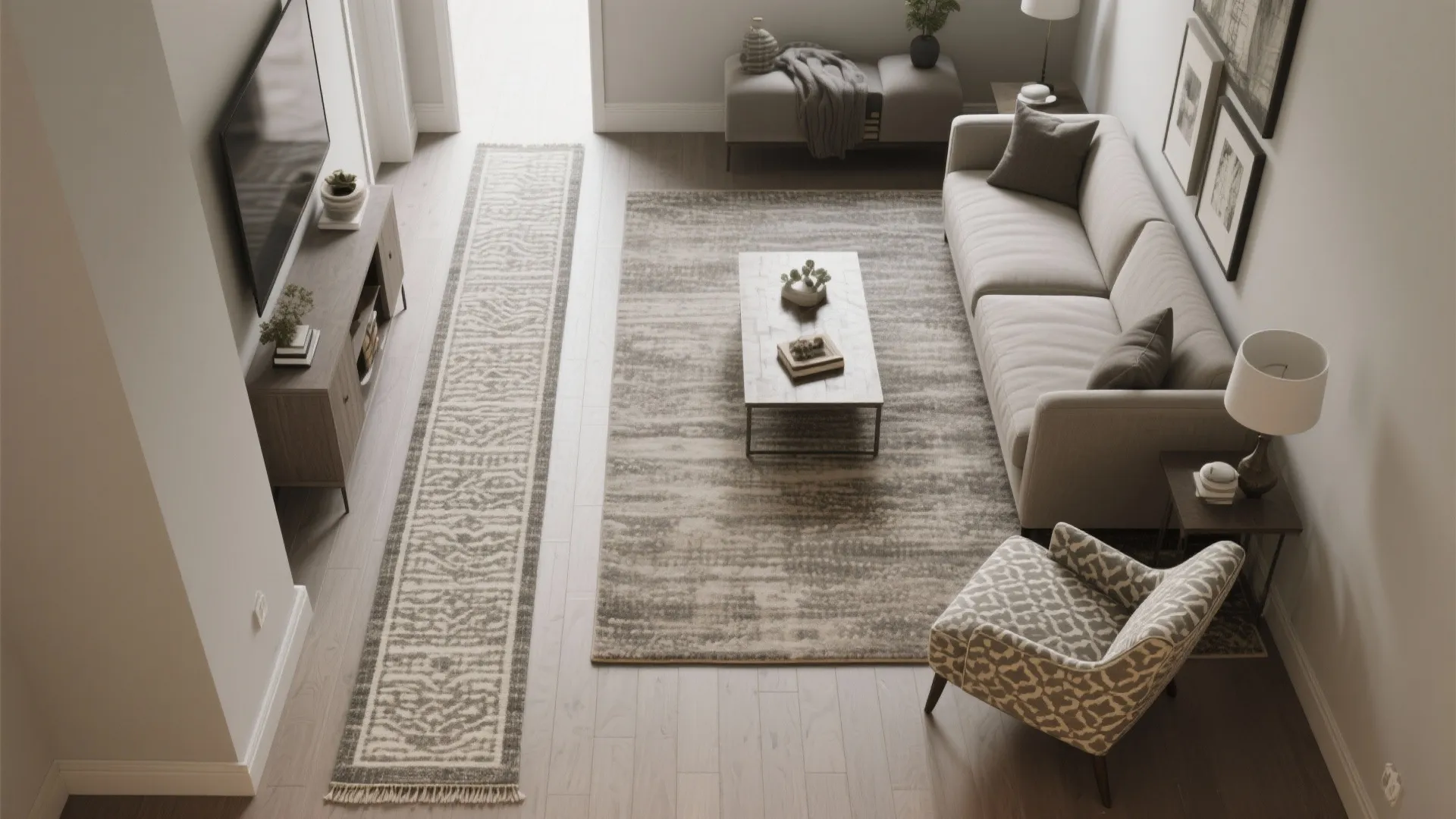 4) Custom runner plus small accent rug (zoned approach)