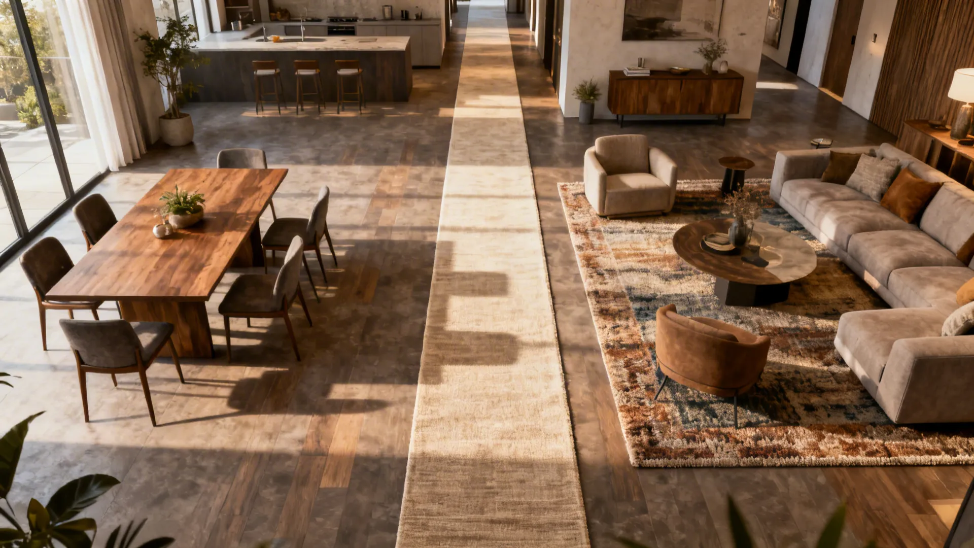 Open plan living space featuring long floor rug runner next to dining table and sofa