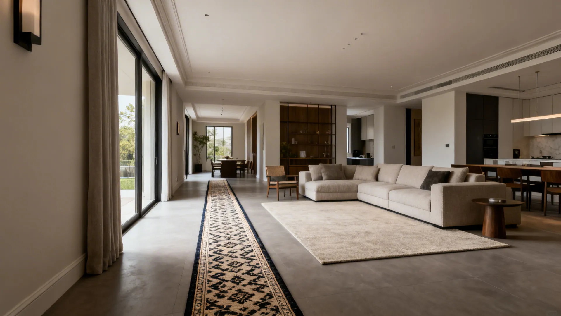 Open-plan living area with a runner guiding traffic and a rug anchoring the seating zone