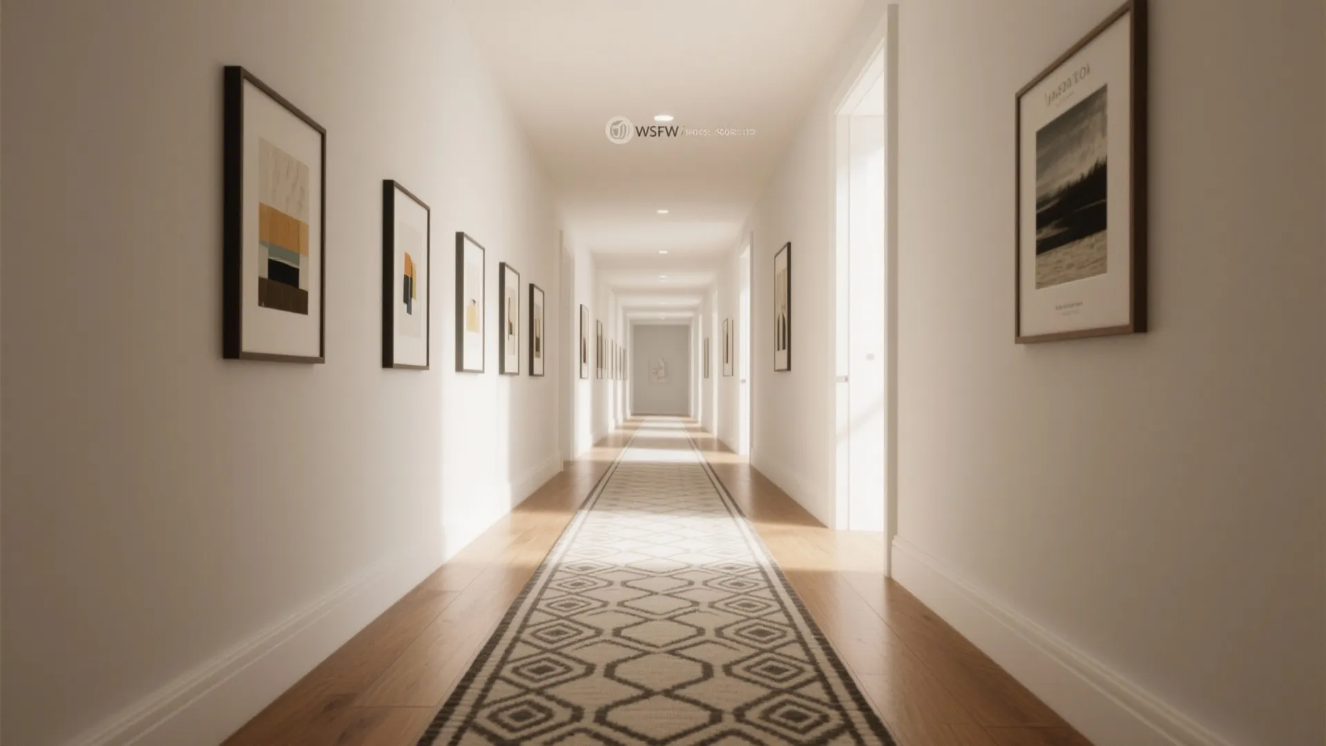 Long white hallway with framed art on walls and a patterned rug over light wood