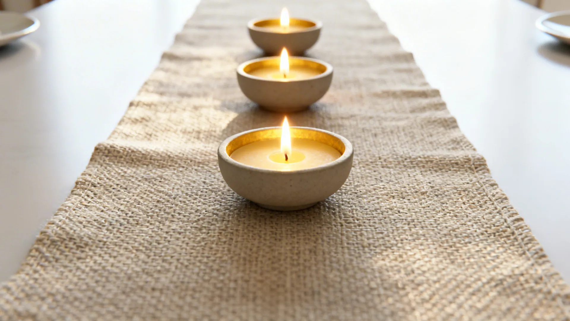 Close-up of a linen runner with three low candles in mixed holders on a wooden table