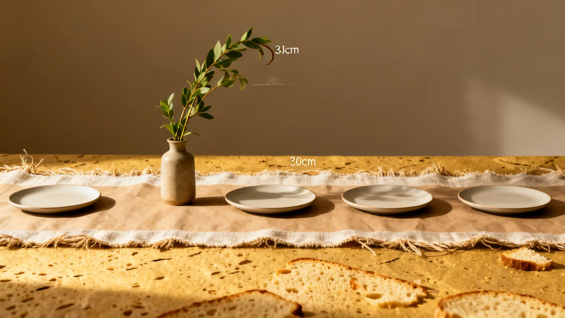 Close-up of a linen runner over kraft paper with a small greenery centerpiece and neatly lined dessert plates.